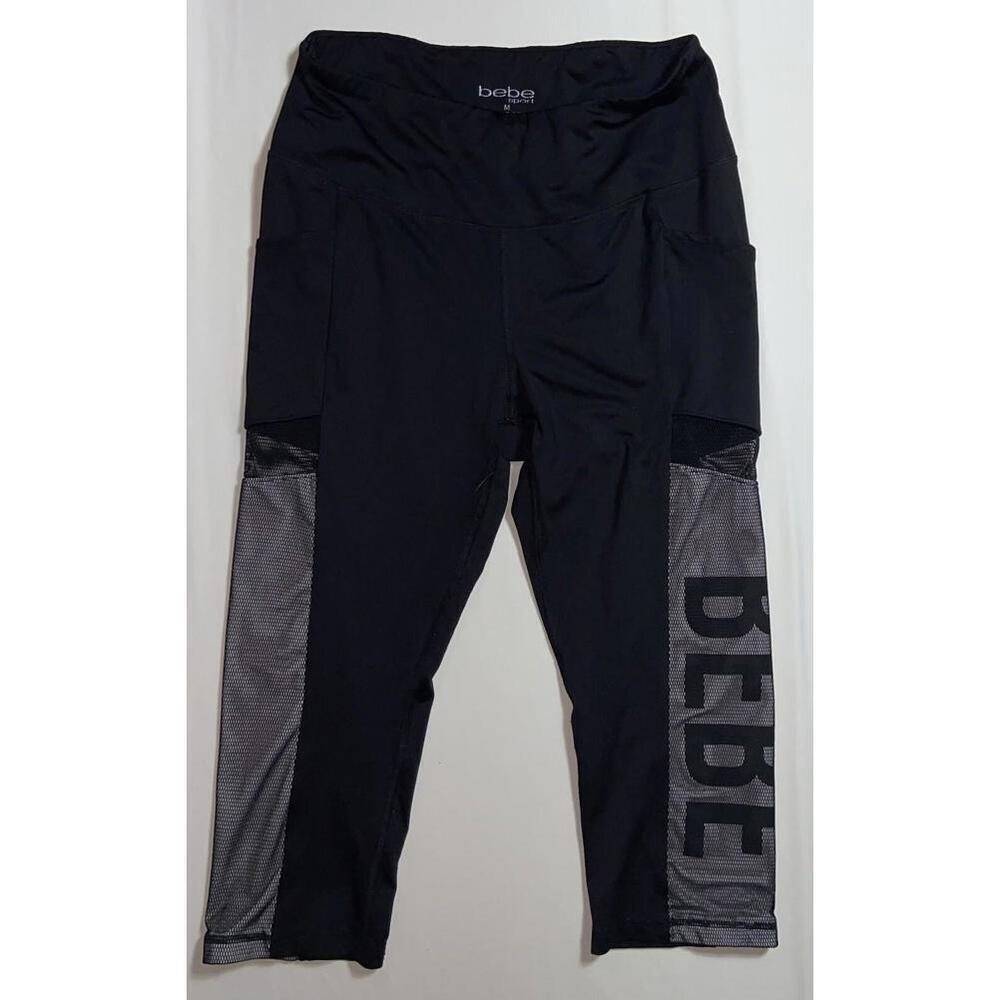 Bebe Sport Black Capri Leggings White Logo Womens Size M